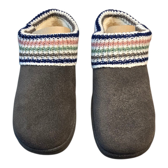 Clarks Slippers Womens Size 8M Gray Suede Sweater Trim Slip On Faux Fur Cozycore - Picture 2 of 12